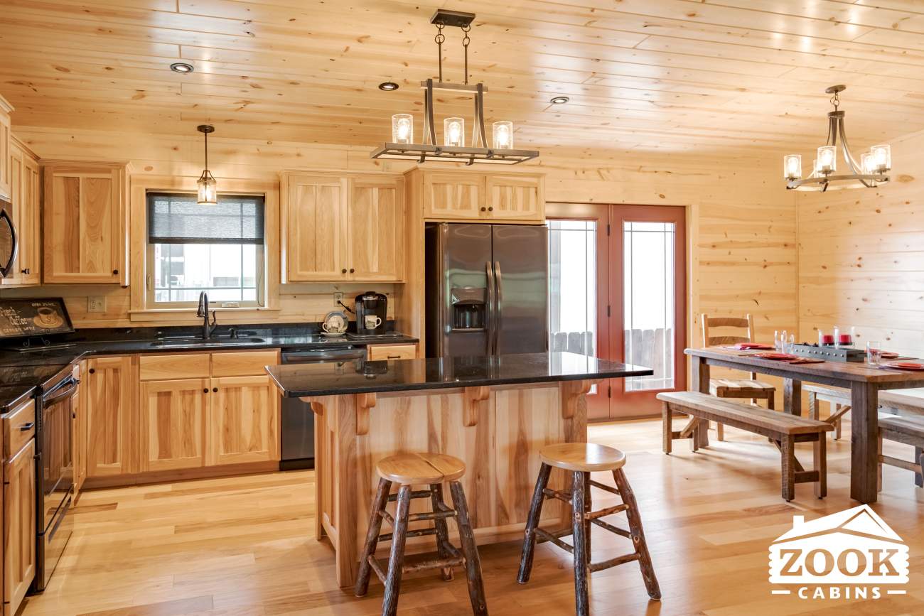 Log Cabin Kitchen area with an island